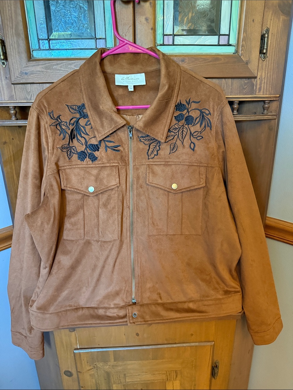 LaBellum by Hillary Scott gEmbroidered Faux Suede Jacket Camel Tan Plus Size 1X